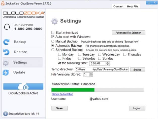 Changing settings in the CloudZooka online backup client