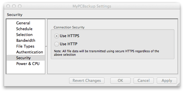 SSL security settings in MyPCBackup software on Mac