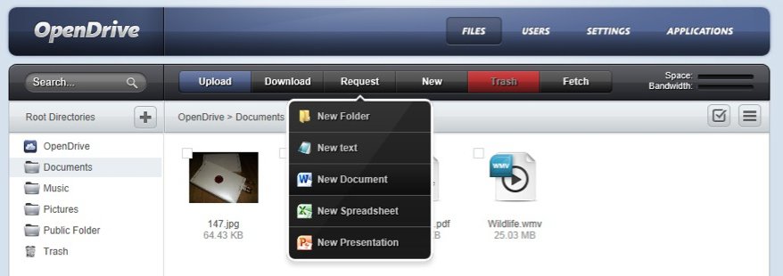 File manager in the browser app of OpenDrive