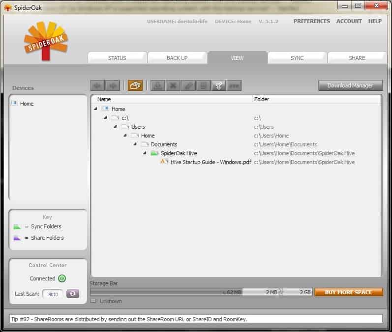 File manager in SpiderOak desktop client