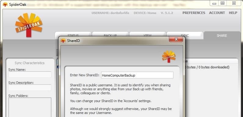 Creating ShareID in SpiderOak desktop client